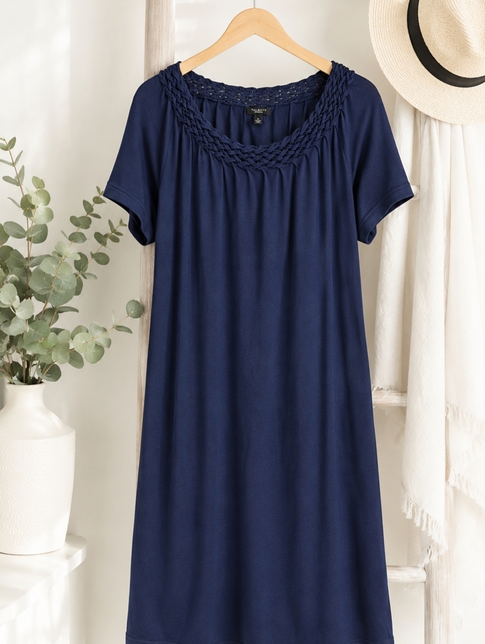 Talbots Navy Braided Neck Shift Dress Soft Stretch Casual Career Large